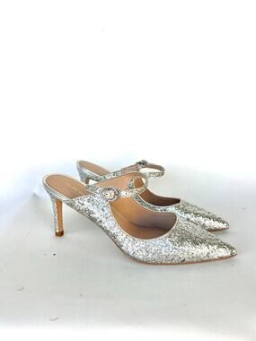 Stuart Weitzman Silver Sparkly Low Kitten Heels Mules Slingbacks 37.5 7.5